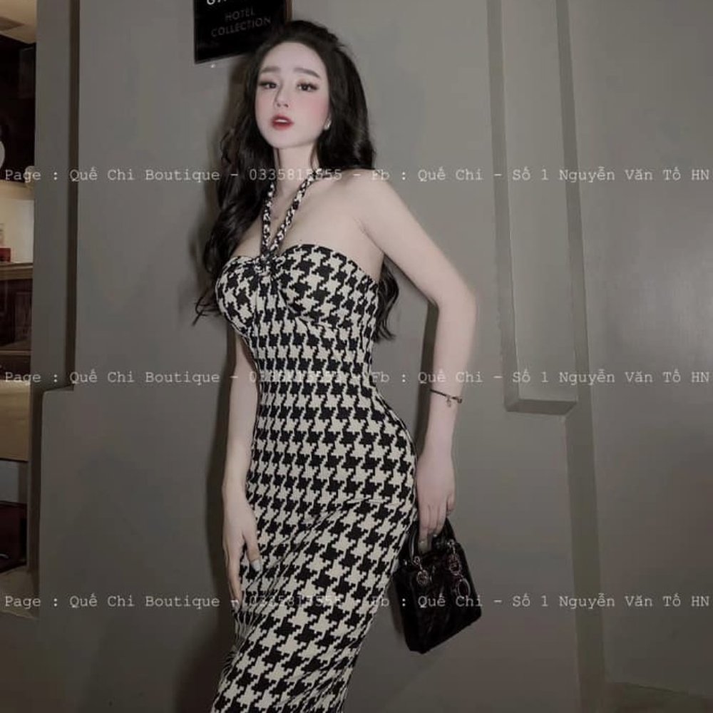 Houndstooth printed knit strappy bodycon midi dress black and white size Small